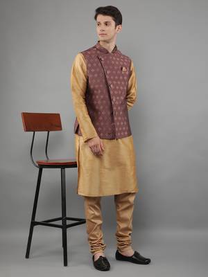 Beige woven design kurta sets with nehru jacket 5