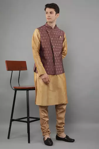 Beige woven design kurta sets with nehru jacket