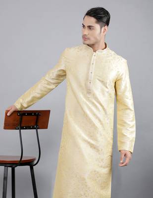 fawn colour jacquard design kurta sets 3