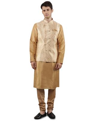 Fawn woven design kurta sets with nehru jacket 1