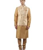 Fawn woven design kurta sets with nehru jacket