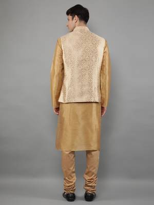 Fawn woven design kurta sets with nehru jacket 2