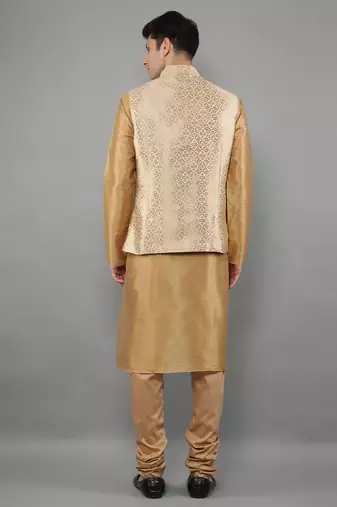 Fawn woven design kurta sets with nehru jacket