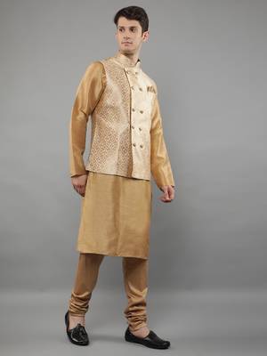Fawn woven design kurta sets with nehru jacket 3