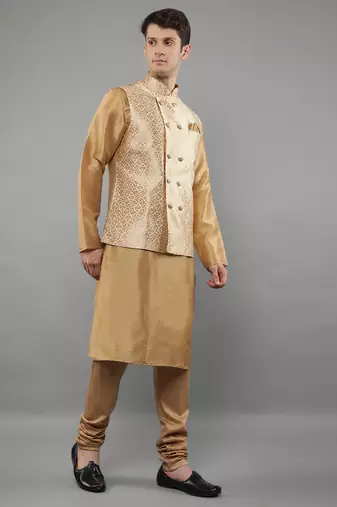 Fawn woven design kurta sets with nehru jacket