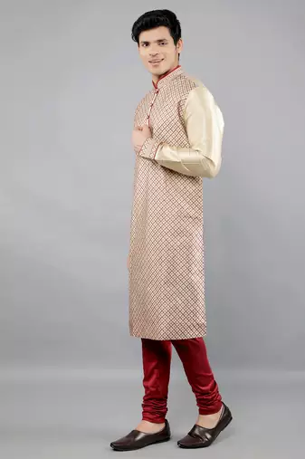 maroon colour woven design kurta sets