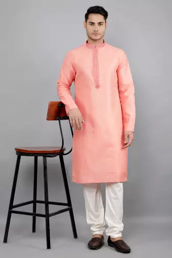 peach colour jacquard design kurta sets