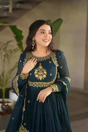 Rama georgette zari sequins embroidered flared gown with heavy dupatta