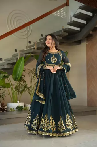 Rama georgette zari sequins embroidered flared gown with heavy dupatta