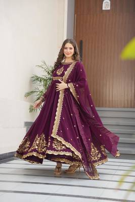 Wine georgette zari sequins embroidered flared gown with heavy dupatta 1