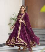 Wine georgette zari sequins embroidered flared gown with heavy dupatta