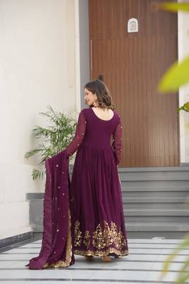 Wine georgette zari sequins embroidered flared gown with heavy dupatta 2