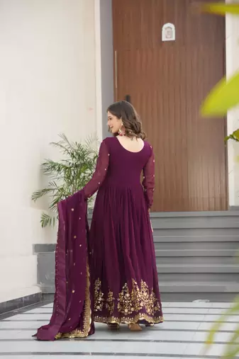 Wine georgette zari sequins embroidered flared gown with heavy dupatta