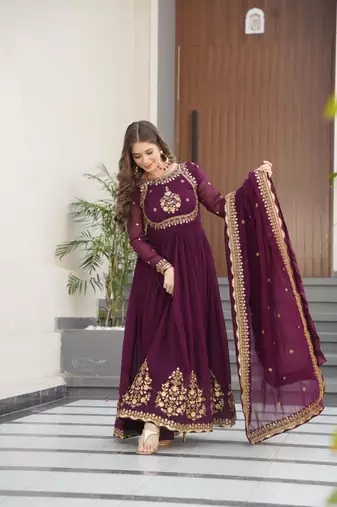 Wine georgette zari sequins embroidered flared gown with heavy dupatta