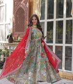 Sky russian silk with foil embroidery zari sequins flared gown with heavy dupatta
