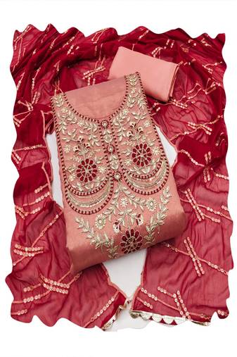 peach viscose women embellished & embroidered unstitched dress material
