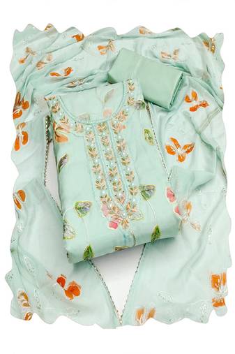 turquoise organza women embellished & embroidered unstitched dress material