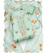 turquoise organza women embellished & embroidered unstitched dress material