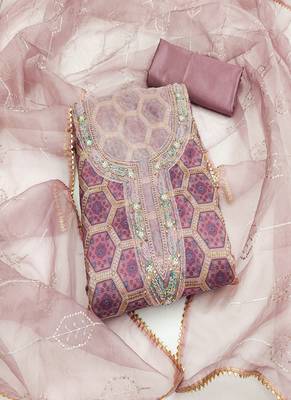 violet organza women embellished & embroidered unstitched dress material 3