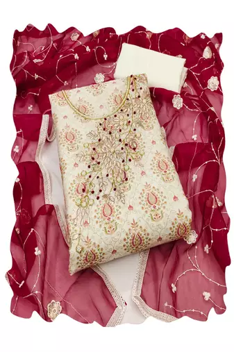cream silk women embellished & embroidered unstitched dress material
