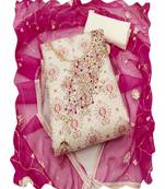 cream silk women embellished & embroidered unstitched dress material