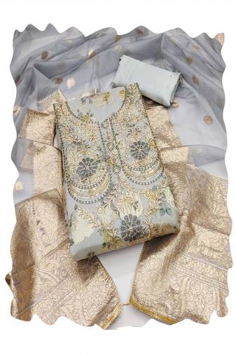 grey banarasi women embellished & embroidered unstitched dress material
