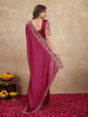 Purple Silk Blend Embroidered Saree With Unstitched Designer Blouse 3