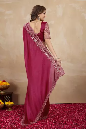 Trendmalls Purple Silk Blend Embroidered Saree With Unstitched Designer Blouse