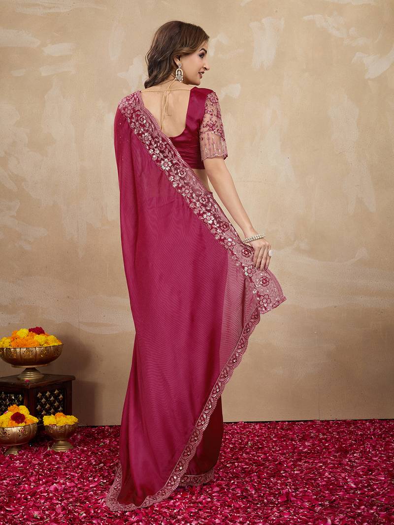 Purple Silk Blend Embroidered Saree With Unstitched Designer Blouse