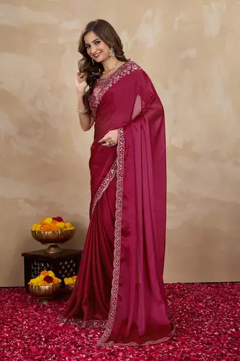 Trendmalls Purple Silk Blend Embroidered Saree With Unstitched Designer Blouse