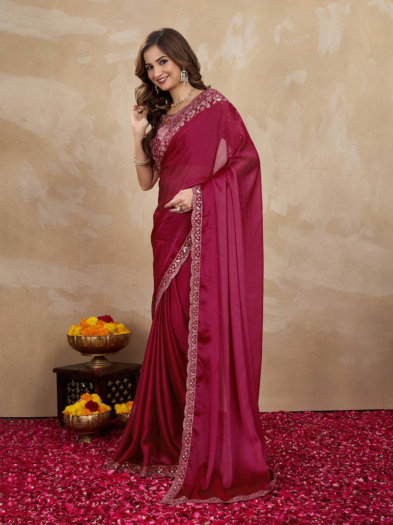 Purple Silk Blend Embroidered Saree With Unstitched Designer Blouse