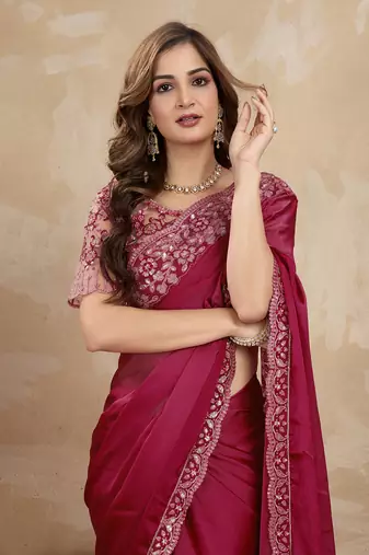 Trendmalls Purple Silk Blend Embroidered Saree With Unstitched Designer Blouse