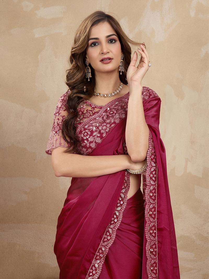 Purple Silk Blend Embroidered Saree With Unstitched Designer Blouse