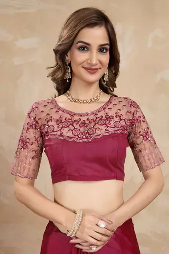 Trendmalls Purple Silk Blend Embroidered Saree With Unstitched Designer Blouse