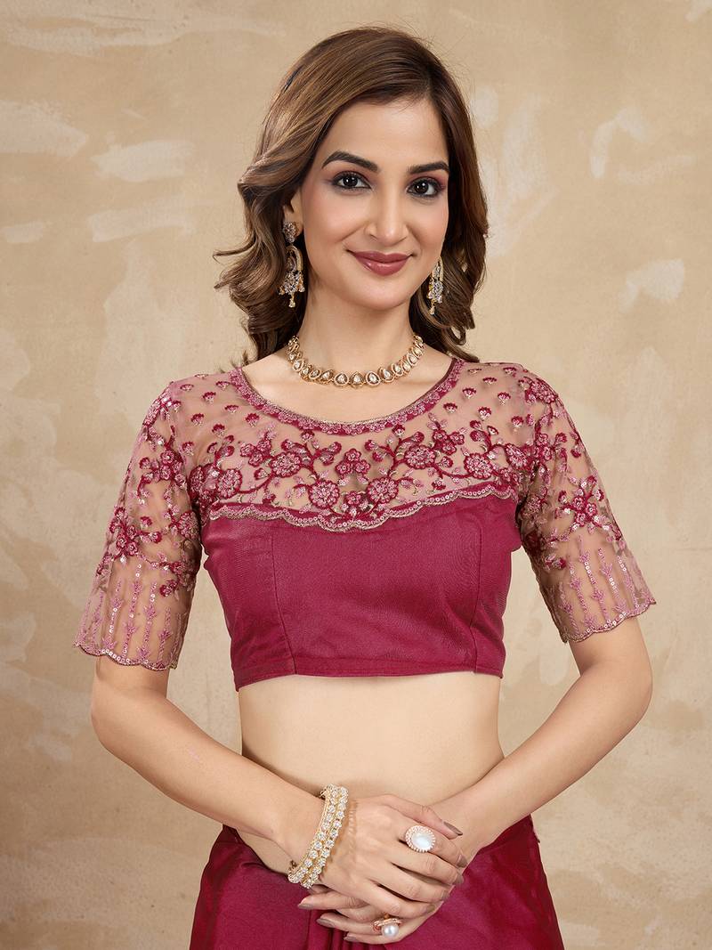 Purple Silk Blend Embroidered Saree With Unstitched Designer Blouse