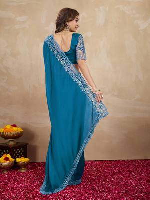 Blue Silk Blend Embroidered Border saree With Unstitched Designer Blouse 3
