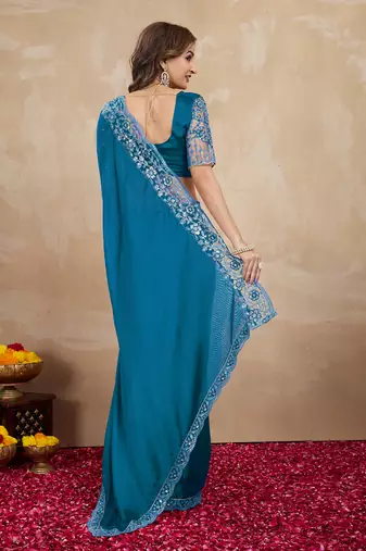 Trendmalls Blue Silk Blend Embroidered Border saree With Unstitched Designer Blouse