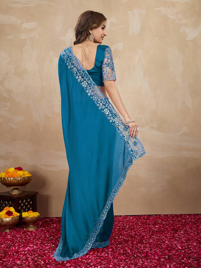 Blue Silk Blend Embroidered Border saree With Unstitched Designer Blouse