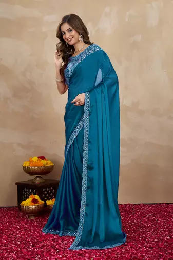 Trendmalls Blue Silk Blend Embroidered Border saree With Unstitched Designer Blouse