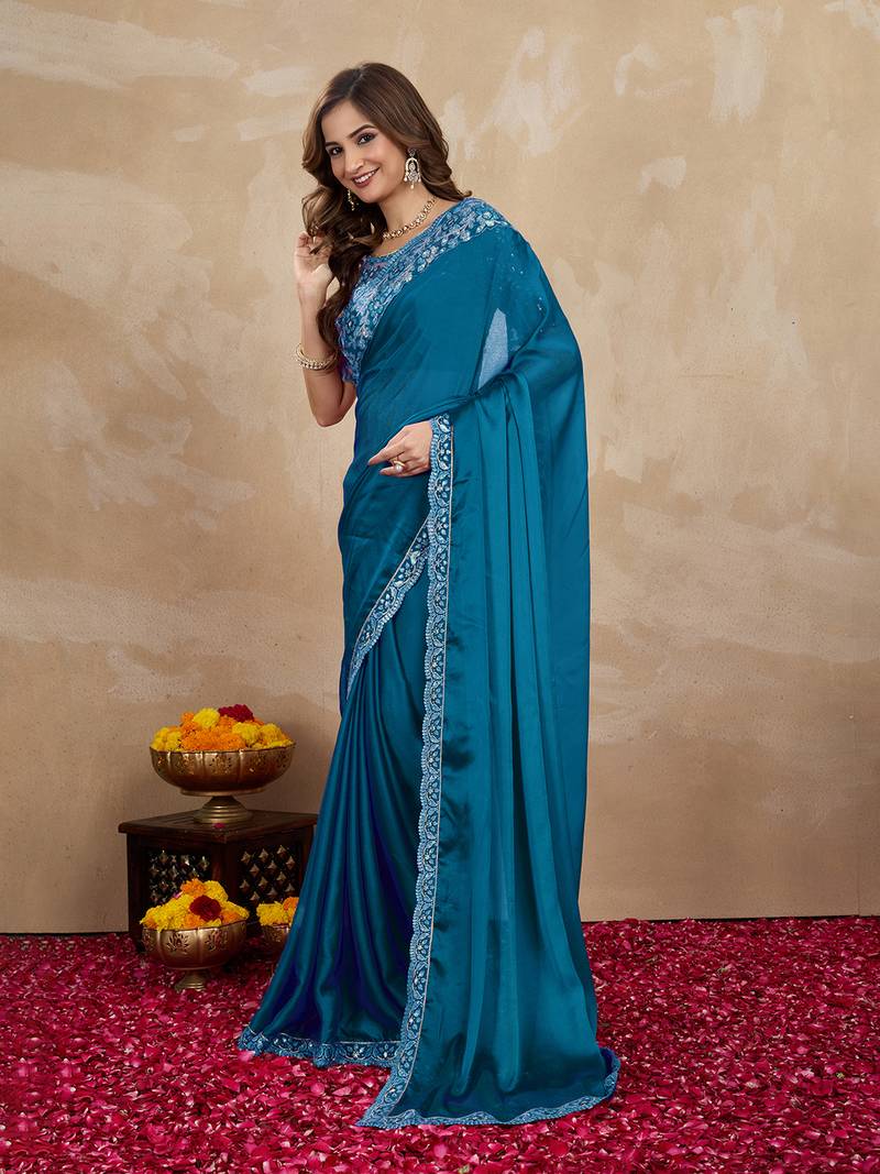 Blue Silk Blend Embroidered Border saree With Unstitched Designer Blouse