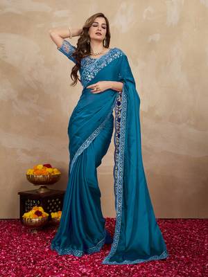 Blue Silk Blend Embroidered Border saree With Unstitched Designer Blouse 5