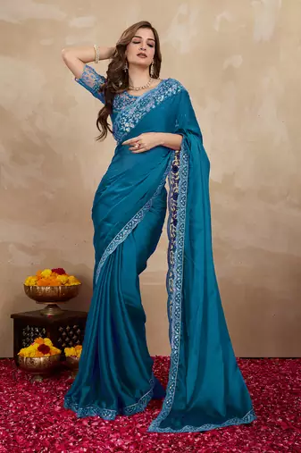 Trendmalls Blue Silk Blend Embroidered Border saree With Unstitched Designer Blouse