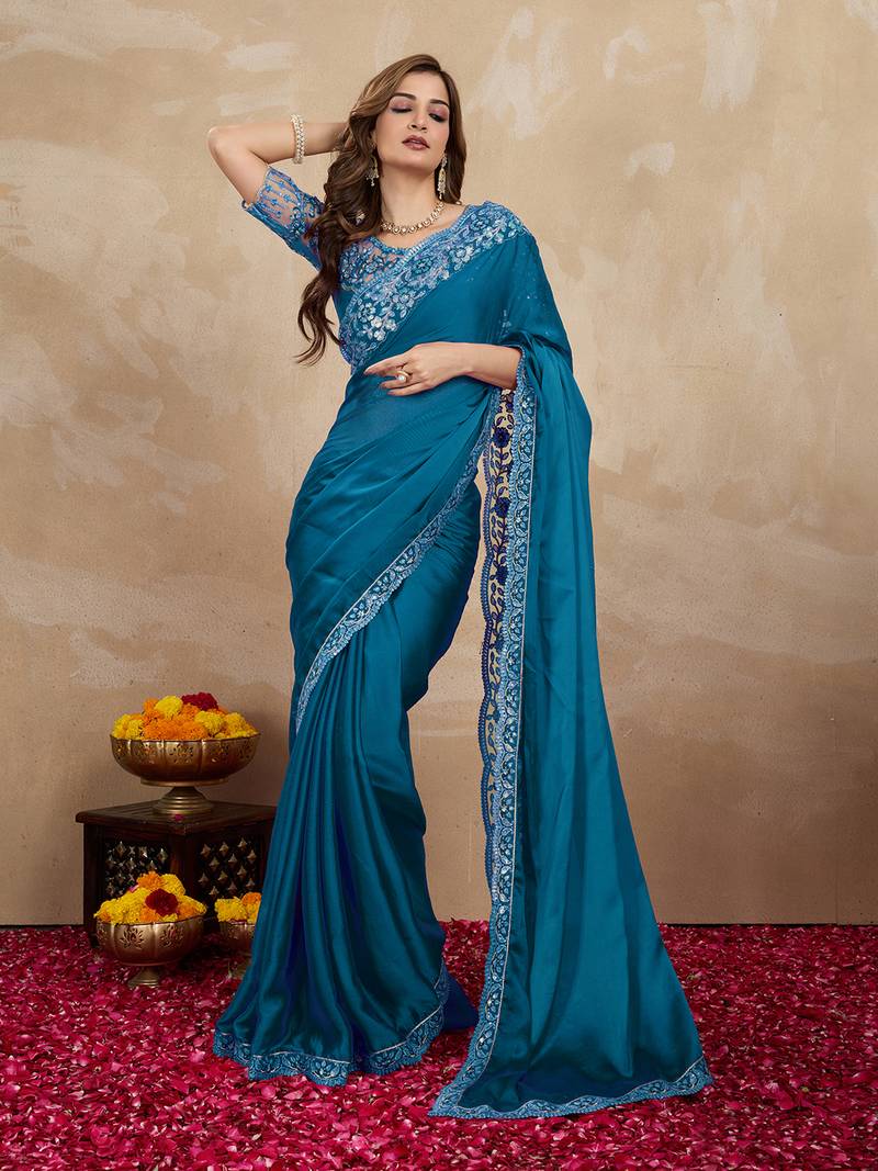 Blue Silk Blend Embroidered Border saree With Unstitched Designer Blouse
