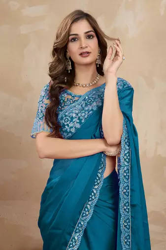 Trendmalls Blue Silk Blend Embroidered Border saree With Unstitched Designer Blouse