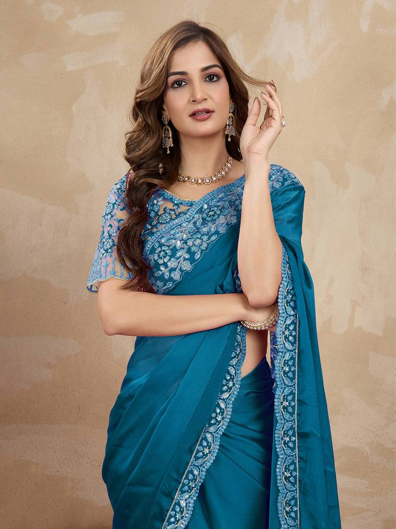 Blue Silk Blend Embroidered Border saree With Unstitched Designer Blouse