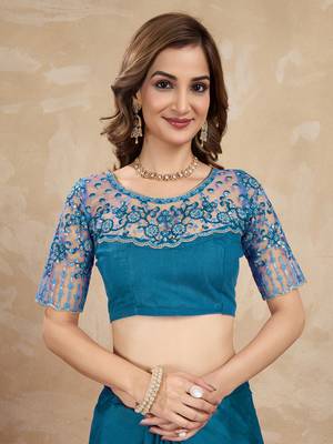 Blue Silk Blend Embroidered Border saree With Unstitched Designer Blouse 7