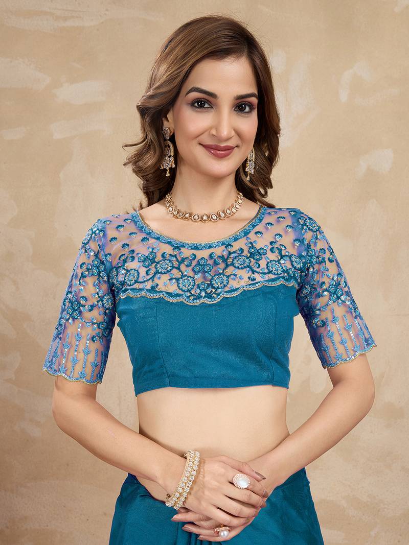Blue Silk Blend Embroidered Border saree With Unstitched Designer Blouse