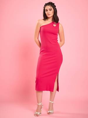 Winered women pink one-shoulder bodycon midi dress 1