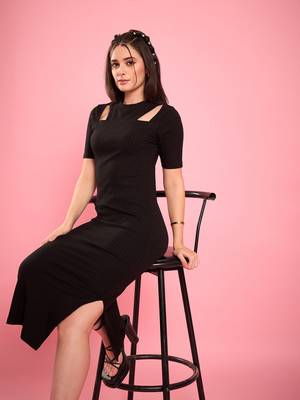 Black knitted shoulder cutout ribbed midi bodycon dress 1