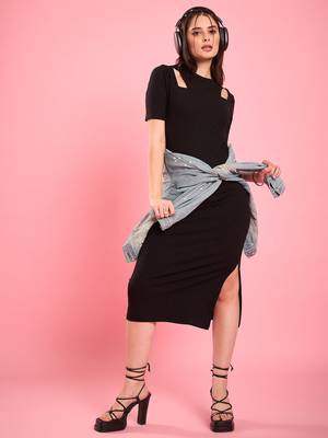 Black knitted shoulder cutout ribbed midi bodycon dress 2